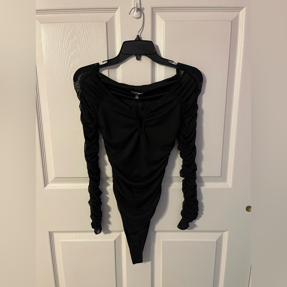 Elegant Black Ruched Black Bodysuit
